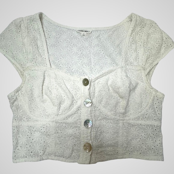 Cotton Candy Tops - Cotton Candy LA White Eyelet Button Front Crop Top Small Floral Embroidery